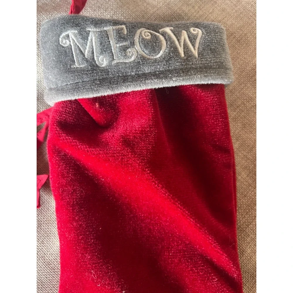 Christmas‎ Stocking Meow Pet Cat Kitty Kitten Red Silver Fish Bells Velvet 15